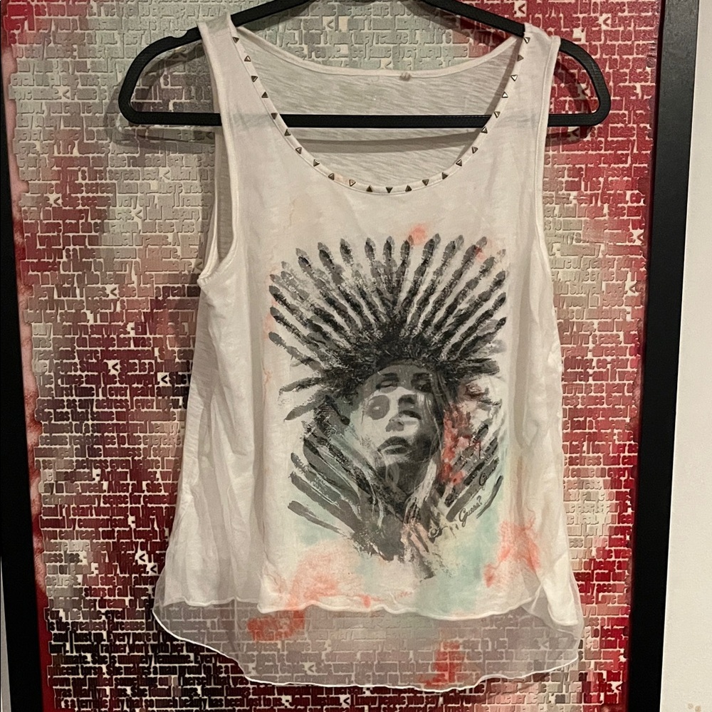 Guess White Graphic Tank Top with Studded Details